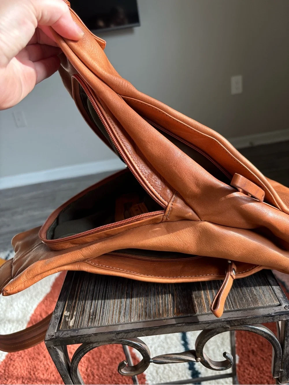 Leather Backpack Tote in Cognac Brown